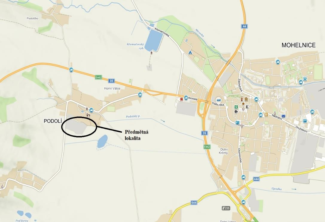 Vyznačená lokalita Horní Valchov v obci Podolí u Mohelnice 